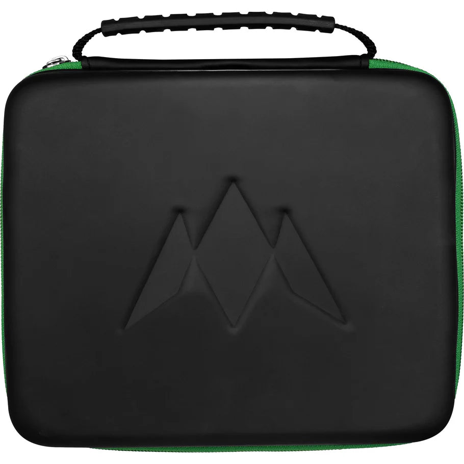Full front view of large black green EVA darts case with embossed logo, zip edges, and textured handle for dart storage