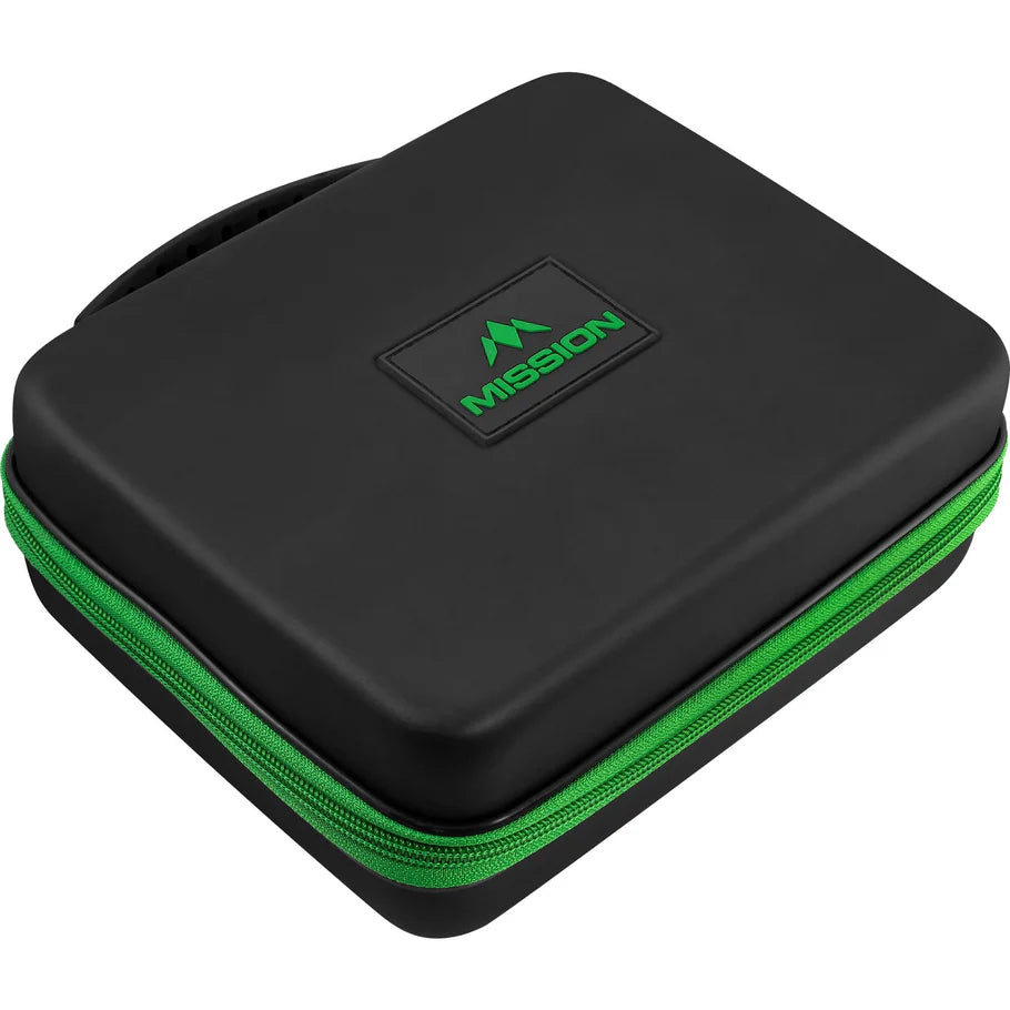 Large black EVA darts case with green zipper and logo, angled view, closed and isolated on white background