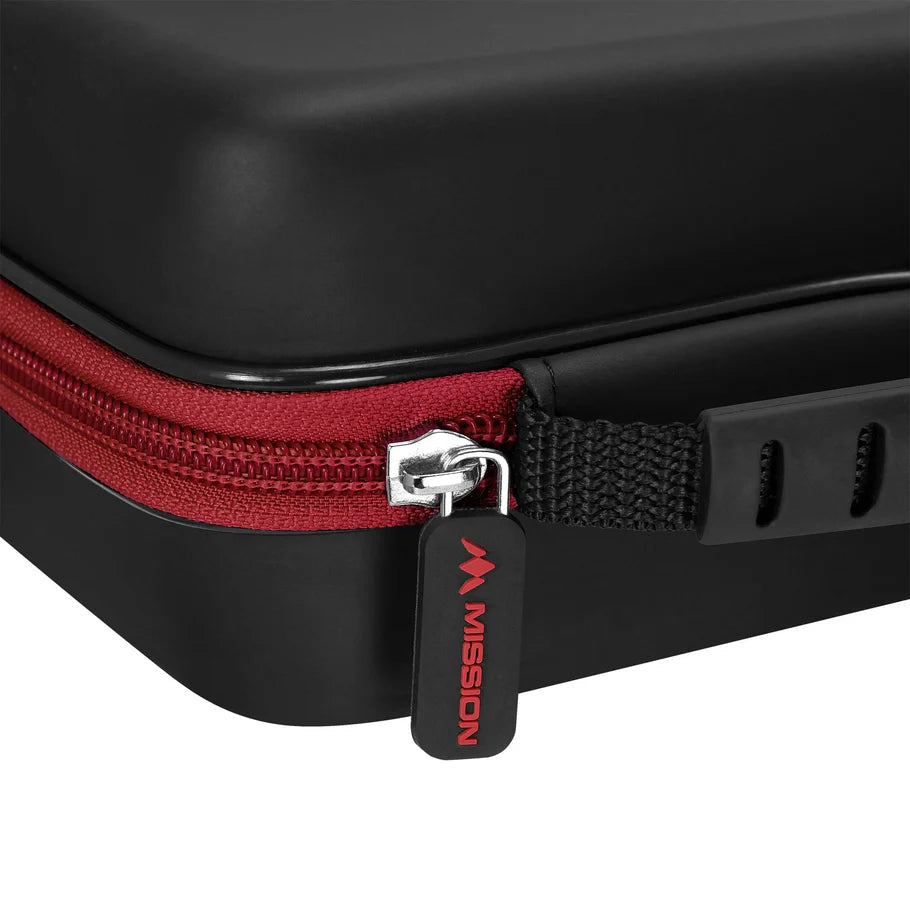 Close-up of red zippered edge and reinforced corner of extra-large black darts case, highlighting sturdy EVA construction