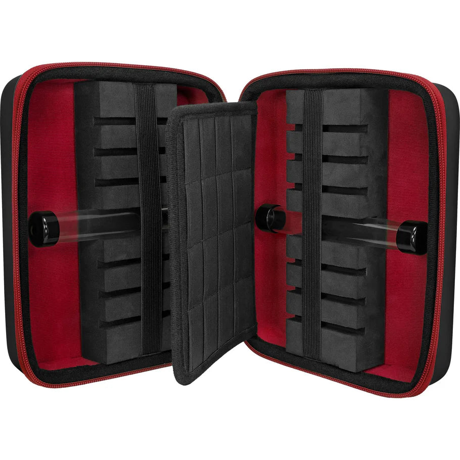 Open red and black darts case with foam slots, divider panel, and clear tube holders for dart storage and protection