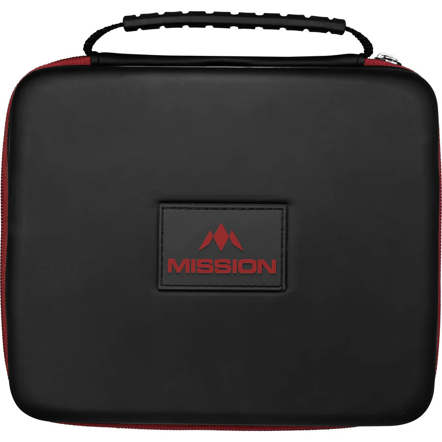 Extra-large black and red EVA darts case front view with handle and embossed logo, durable storage for dart accessories