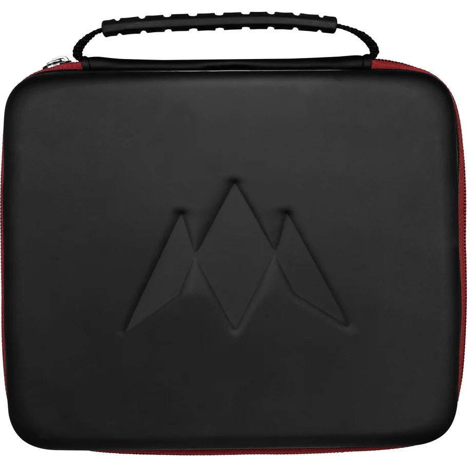 Front view of large black and red darts case with molded design, sturdy handle, EVA material, shown closed on white background