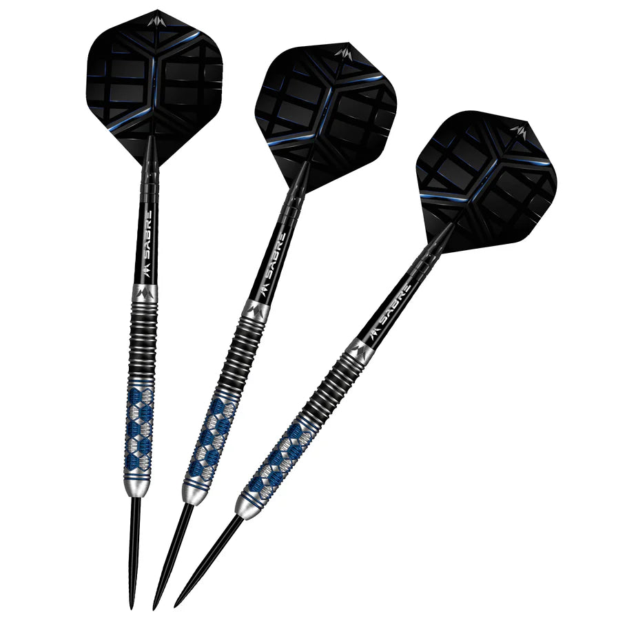 Set of three 90% tungsten darts with straight barrels, hexagonal blue grip, and black flights on white background