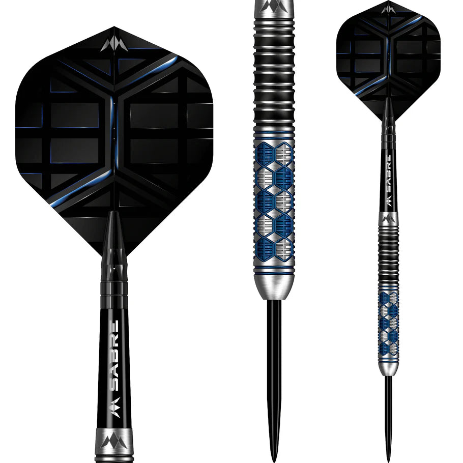 Tungsten darts trio isolated on white, featuring close-up of blue hexagonal barrel grip and geometric black flights for precision