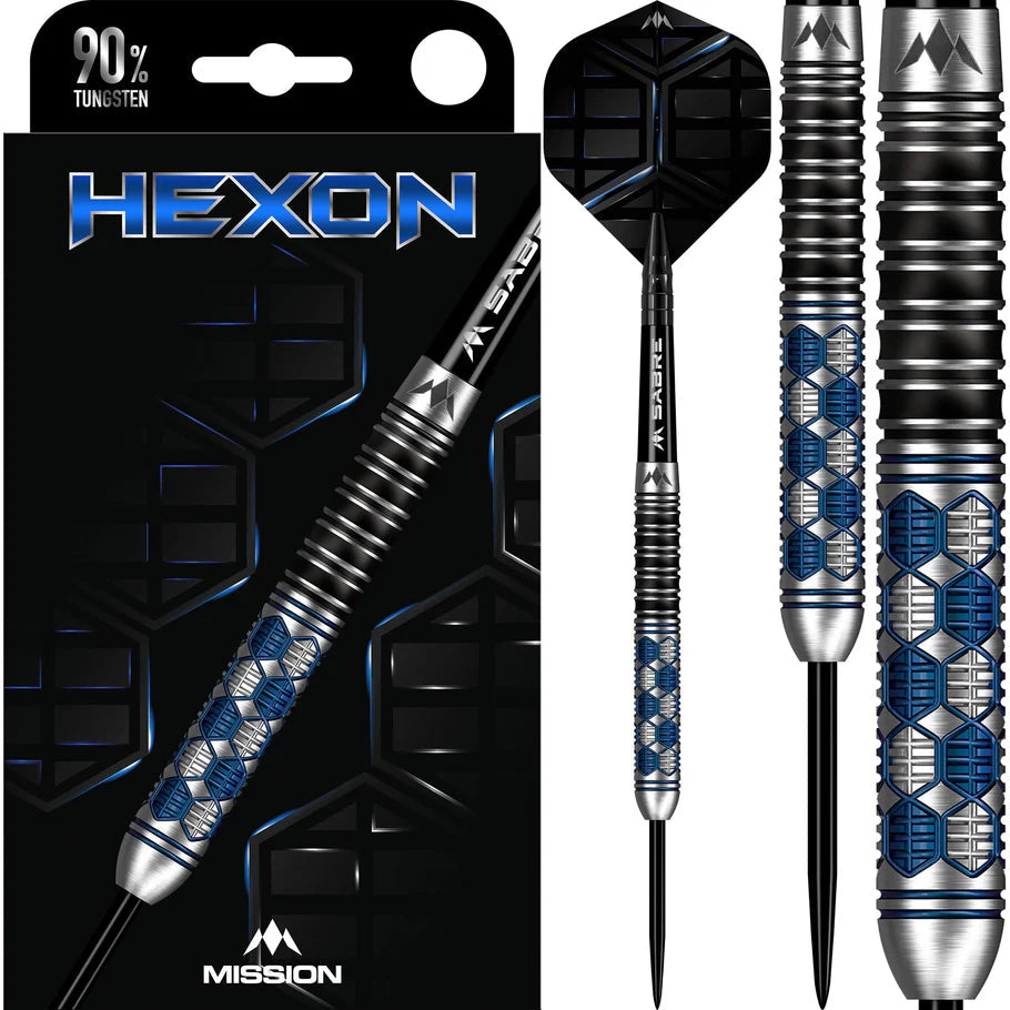 Hexon 90% tungsten darts with hexagonal blue barrel grip, shown in packaging and isolated, full product view for dart buyers