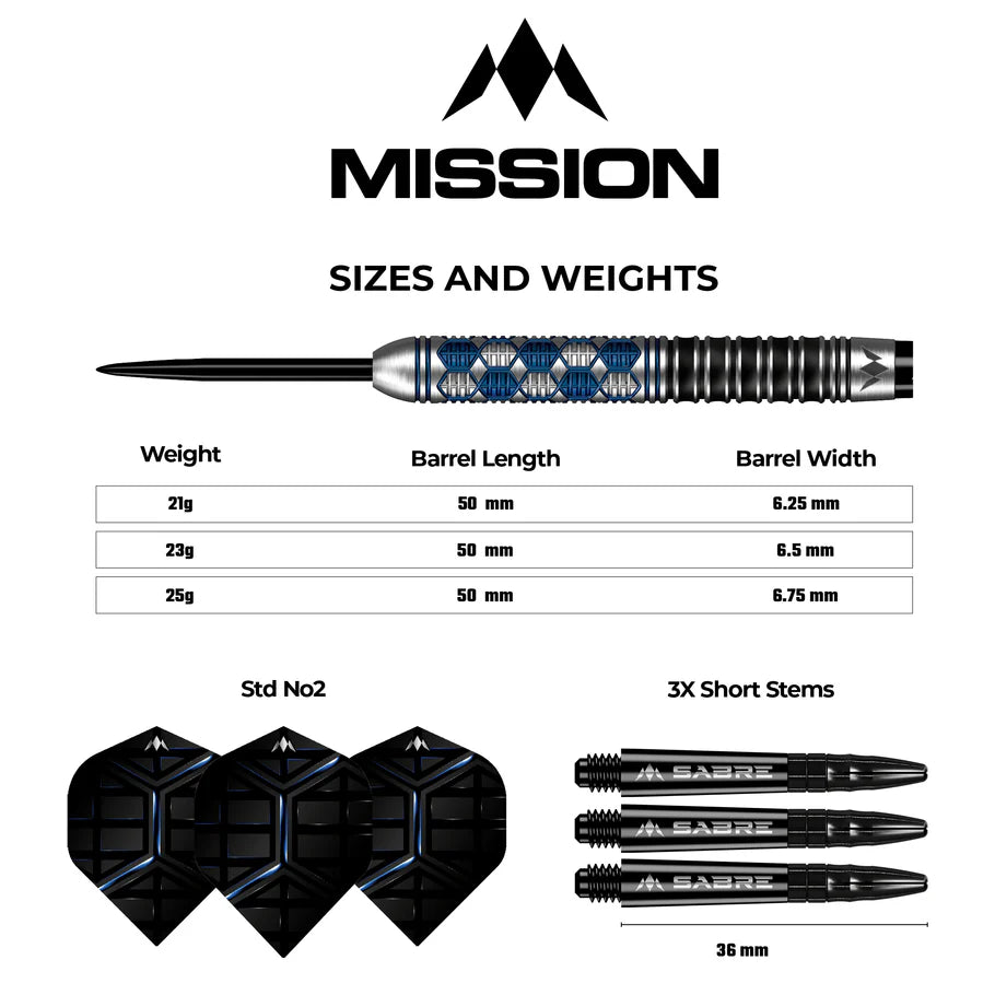 Full dart set with detailed barrel grip, standard shape flights, three short stems, and chart showing weights, barrel length and width options