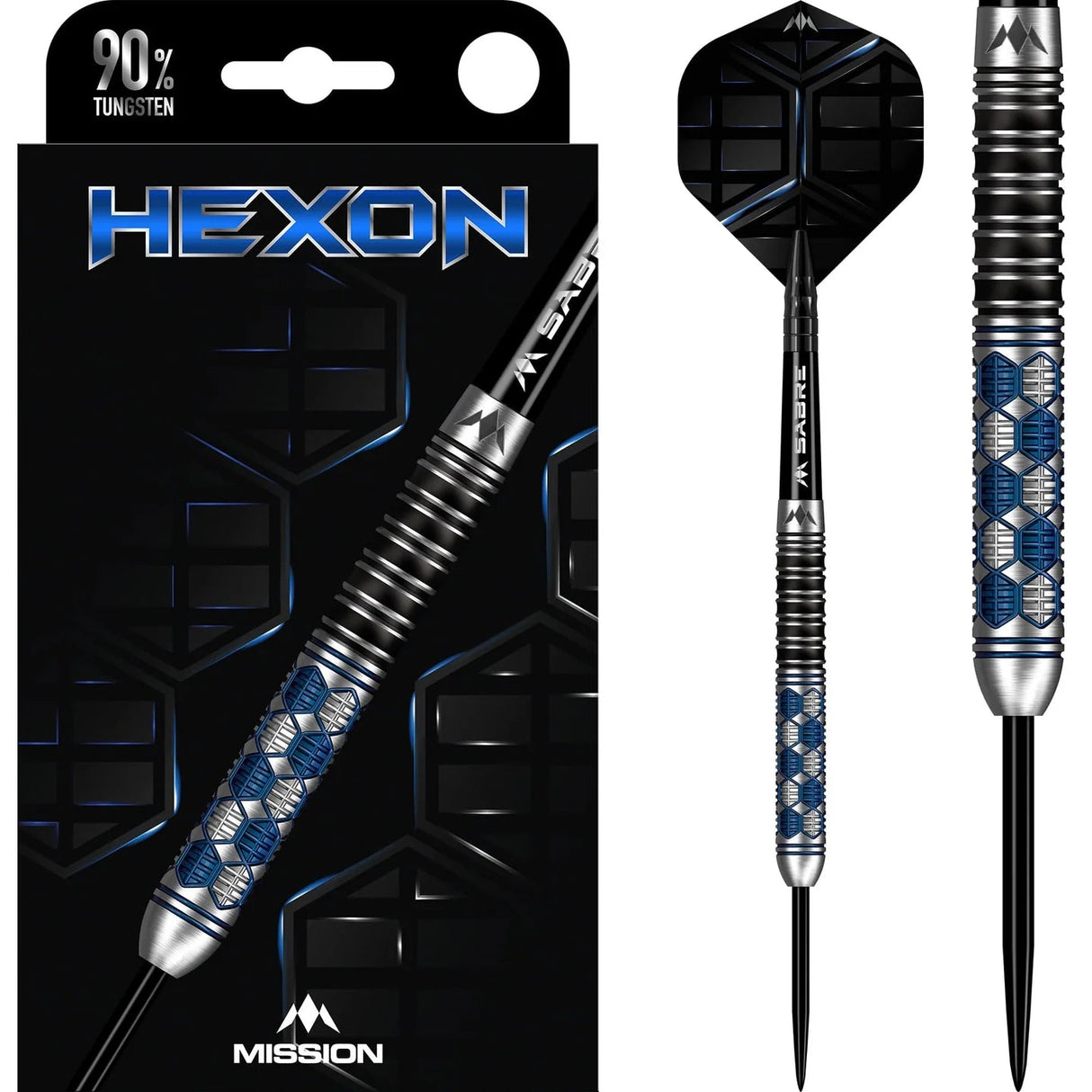 90% tungsten darts full view with textured blue hexagon barrel, sharp steel tip, and packaging display for dart players