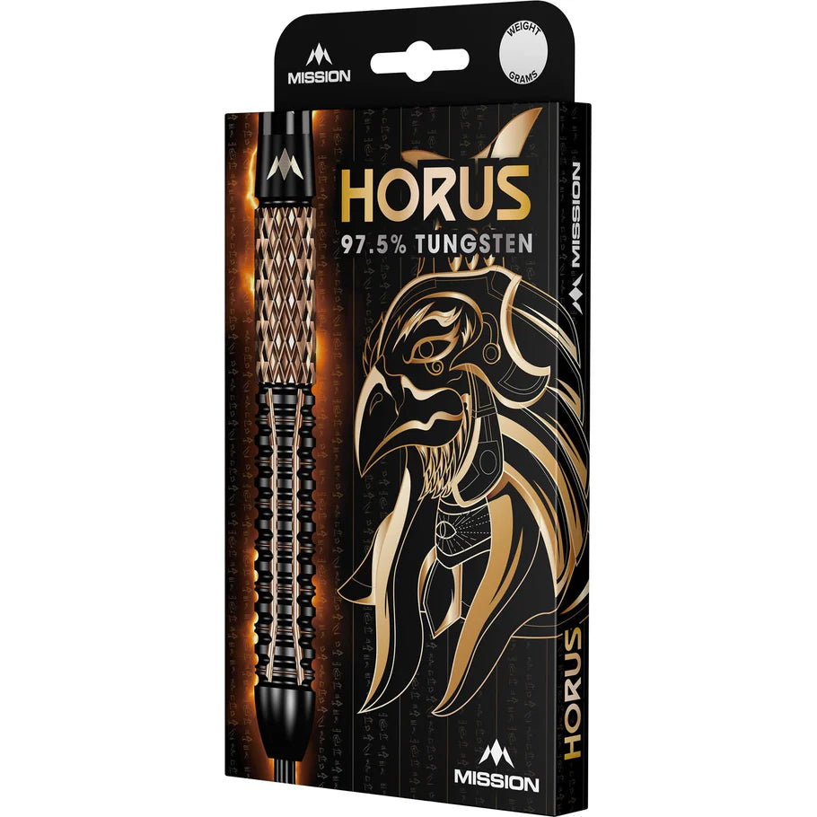 Angled boxed display of Horus 97.5% tungsten darts, showing knurled barrel grip and gold falcon artwork on the packaging