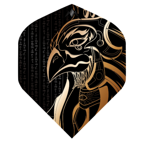 Mission Horus No.2 dart flight upright on a white background, black with gold falcon artwork