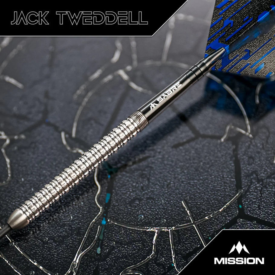 Close-up angled view of Jack Tweddell 95% tungsten dart showing precision knurled barrel grip and blue dart flight details