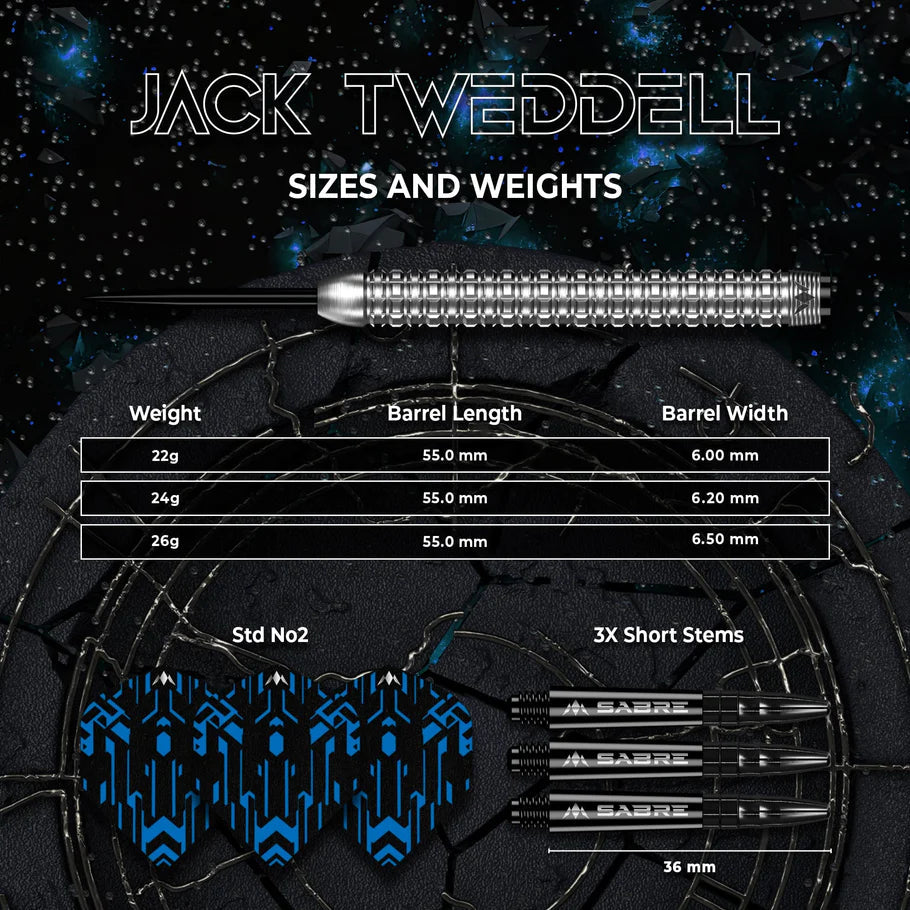 Detailed view of Jack Tweddell tungsten dart barrel with grip texture, size chart, blue flights, and short 36mm stems shown on dark display.