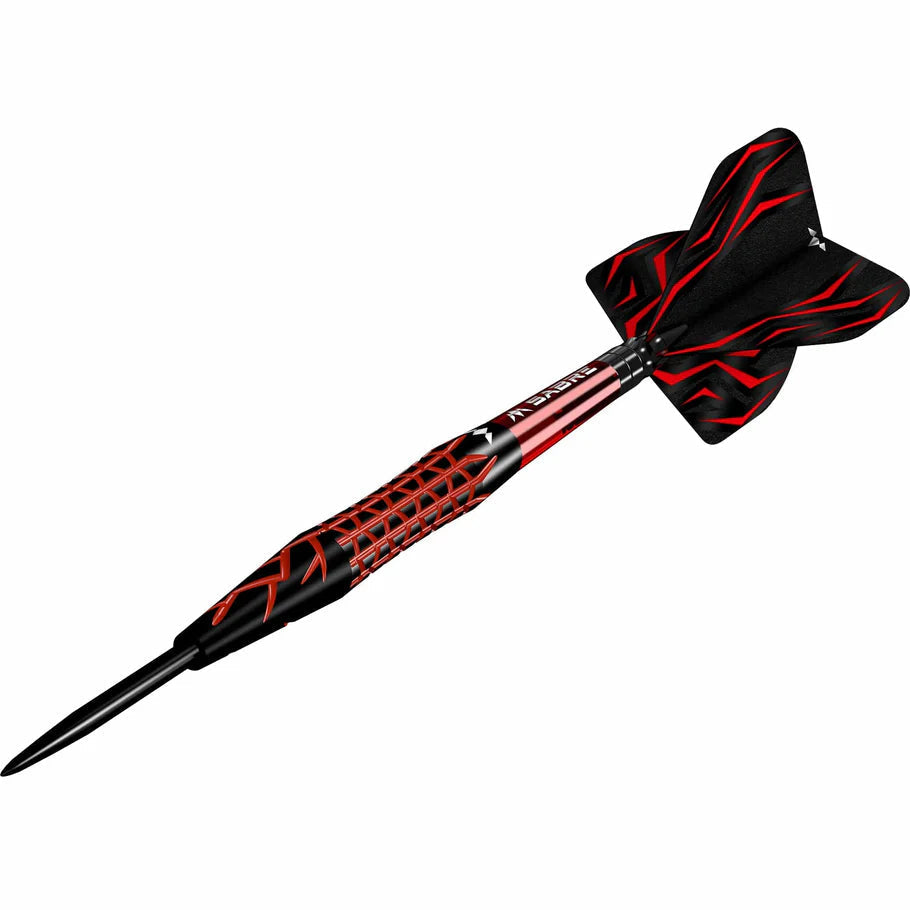 Tungsten steel tip dart with red and black grip texture barrel, angled full view, isolated on white background