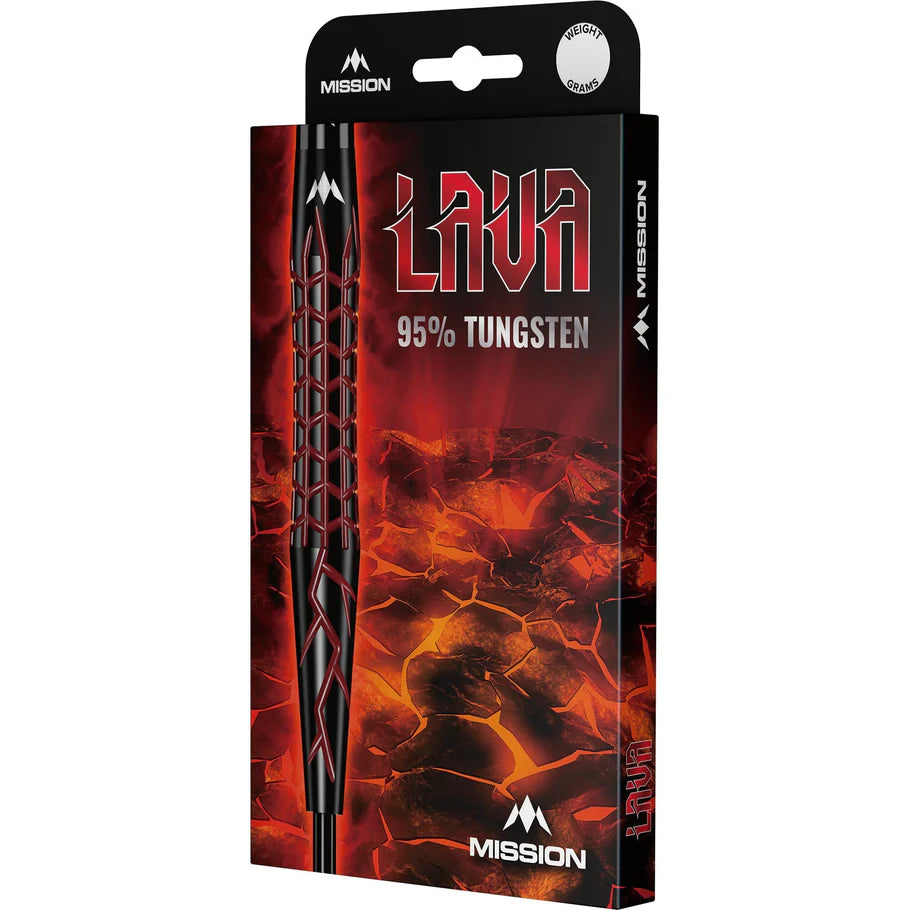 Angled packaging view featuring 95% tungsten darts with black and red grip barrel and lava-themed box design