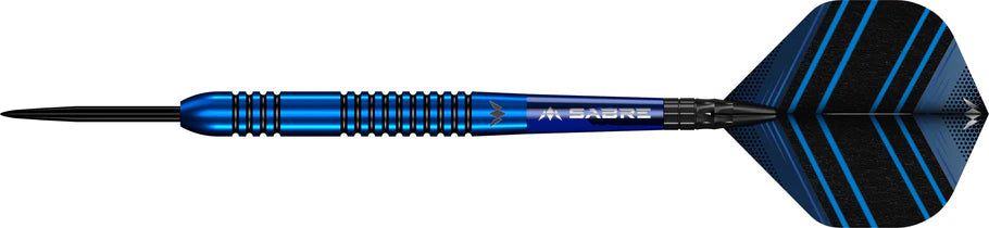 Full view of 90% tungsten dart with blue grooved barrel, black tip, and striped blue-black flight on white background