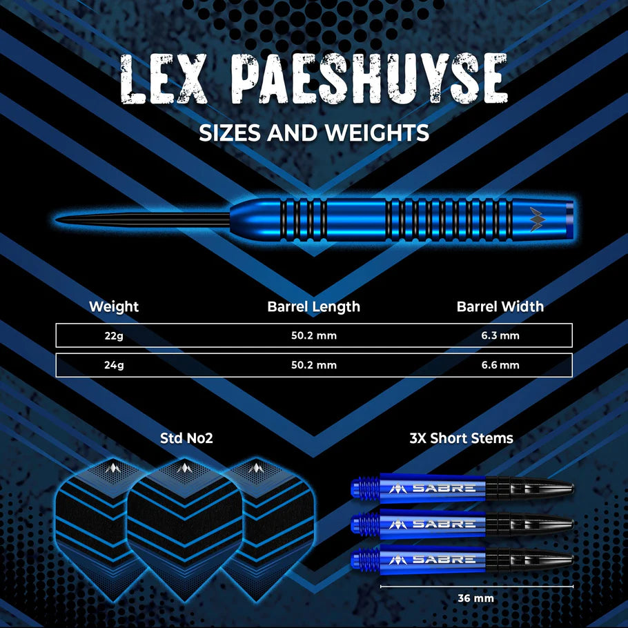 Full view of Lex Paeshuyse tungsten dart with size chart, close-up on barrel grip, three flights and three 36mm short stems