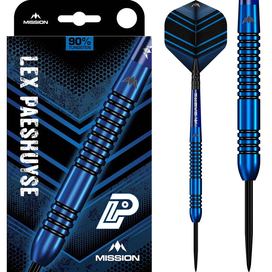 90% tungsten darts in retail packaging, full product view showing blue barrel, precision ringed grip, and flight design