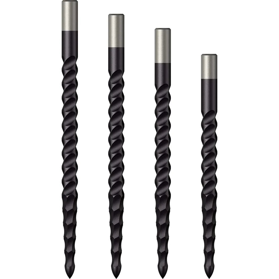 Four rough cut black dart points in varying lengths, twisted grip texture, isolated on white background, dart accessories display.