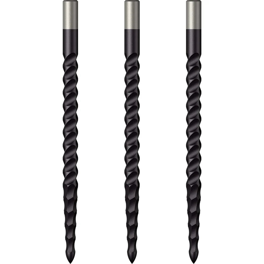 Three black rough cut dart points with spiral grip texture, full view on white background, dart accessories for improved control