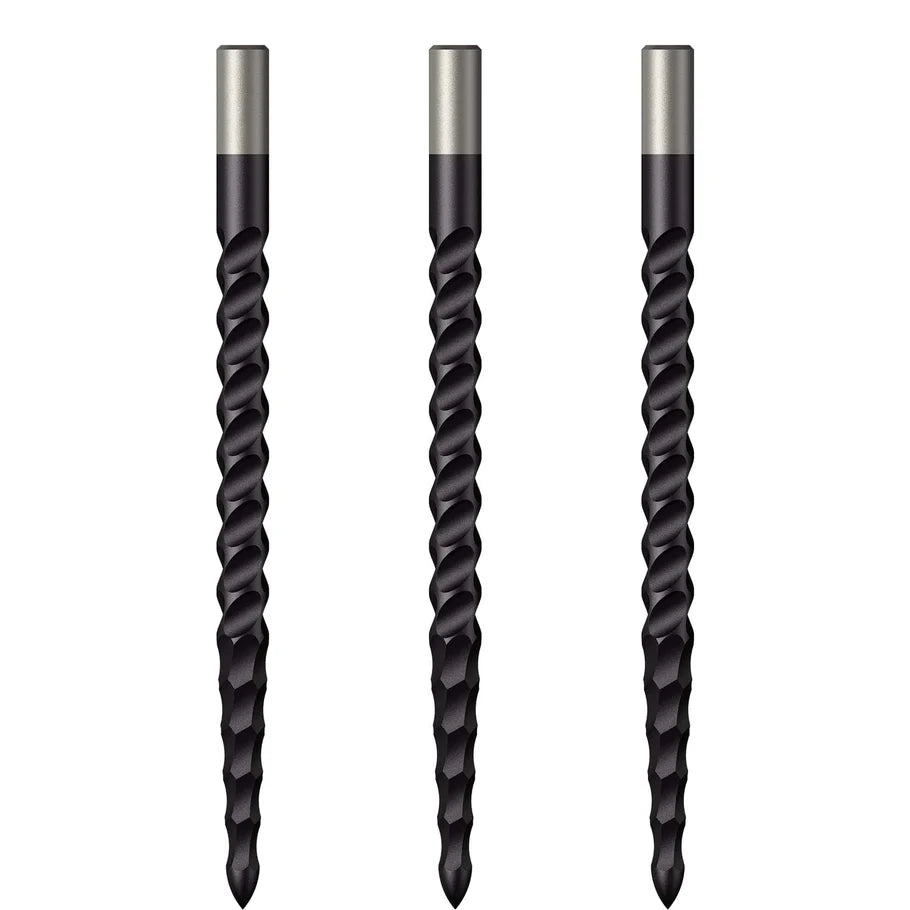 Three black rough cut dart points vertically aligned on white background showing spiral grip texture for darts