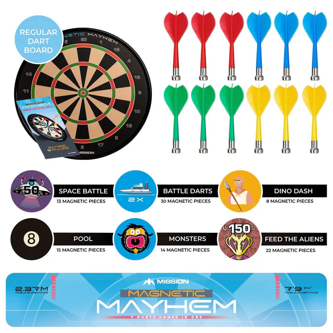 Magnetic dartboard set with twelve red, blue, green, and yellow darts, packaging, game icons, and measurement guide on white background