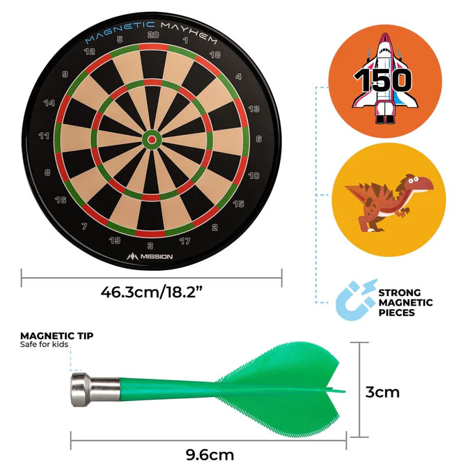 Magnetic dartboard and green dart shown top-down with size dimensions, magnetic tip detail, and strong magnetic piece features.