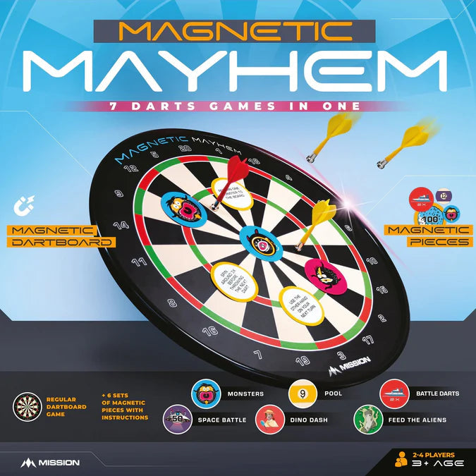 Magnetic dartboard game set in angled view on packaging with magnetic darts and colorful target pieces, features seven kids' games for ages 3+.