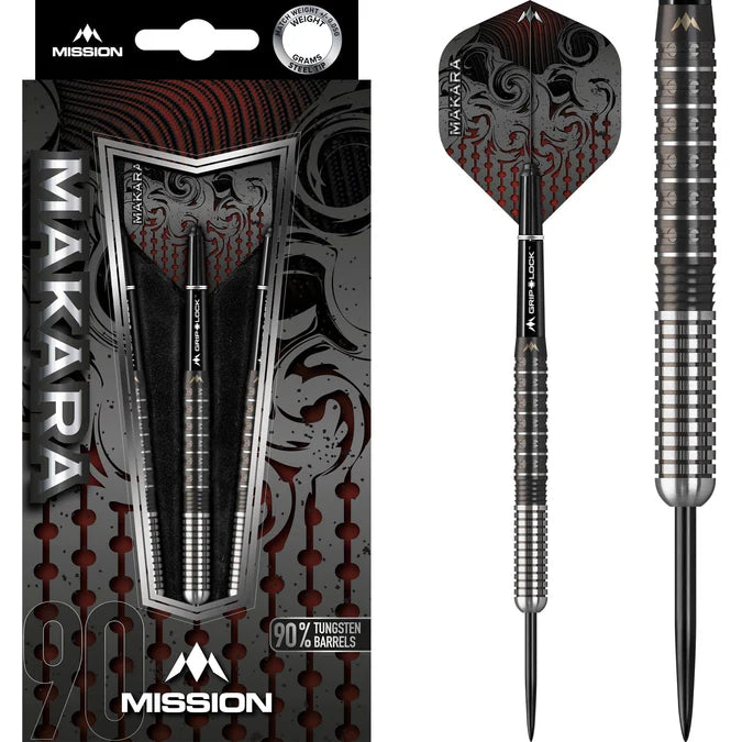 90% tungsten darts in retail packaging and one dart isolated on white, highlighting straight barrel with shark cut grip