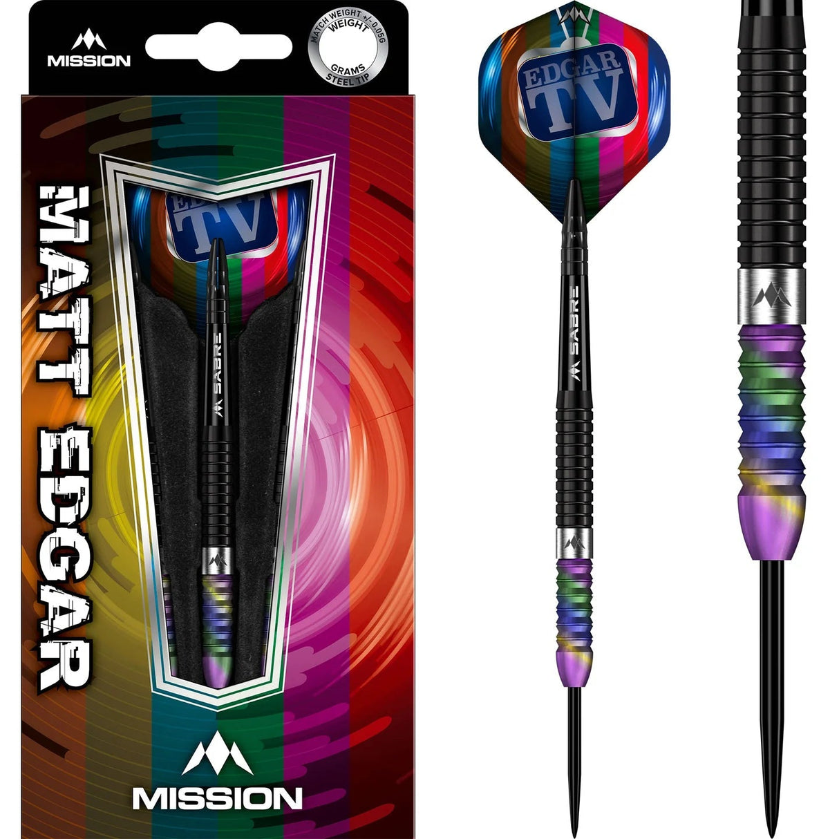 Steel tip tungsten dart in colorful retail packaging and close-up of rainbow barrel, precision grip, and custom flight design