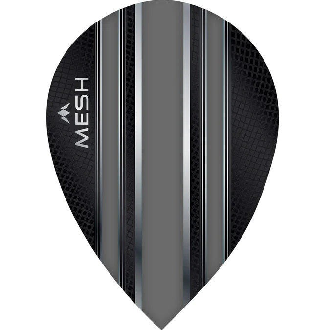 Pear-shaped dart flight in grey and black mesh pattern, full product view on white background for dart accessories