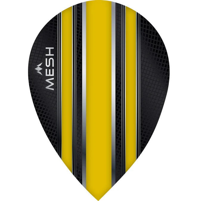Pear-shaped dart flight with yellow and black mesh design, full product view on white background
