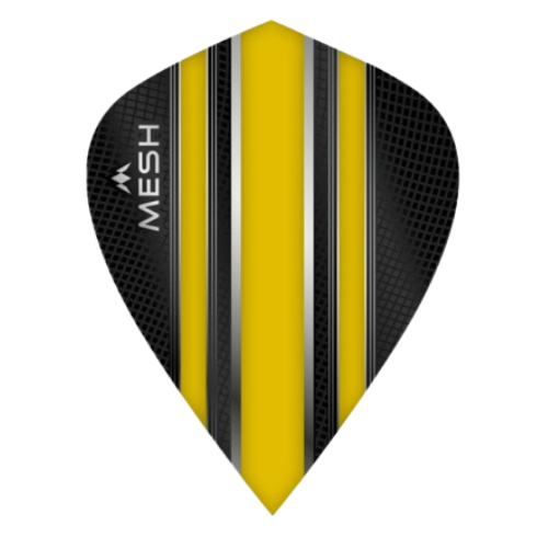 Kite-shaped yellow and black dart flight with mesh pattern, full product view isolated on white background