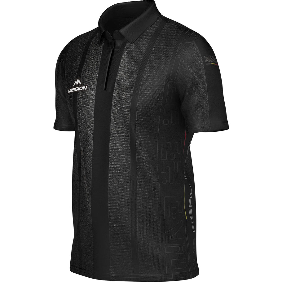 Angled view of Mike De Decker darts player shirt with subtle black stripe pattern, dart sponsor logos, isolated on white background