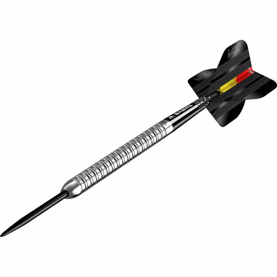 Angled view of single 95% tungsten dart with ringed grip barrel and black flight, isolated on white background