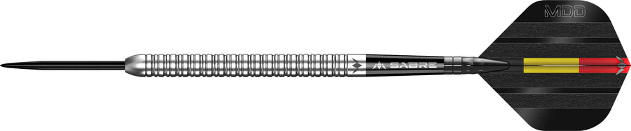 Horizontal full view of 95% tungsten dart with ringed grip, engraved barrel, black point and Belgian-themed flight on white background
