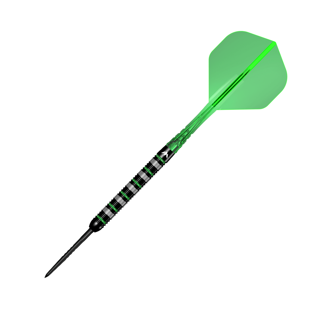 Mission Moldavite dart shown at an angle with green Force 90 Vortex flight and black Caliburn EVO point