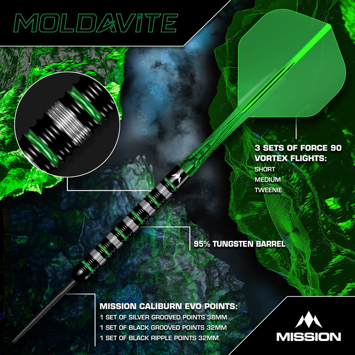 Mission Moldavite features - three sets of Force 90 Vortex flights, 95% tungsten barrel and Caliburn EVO points