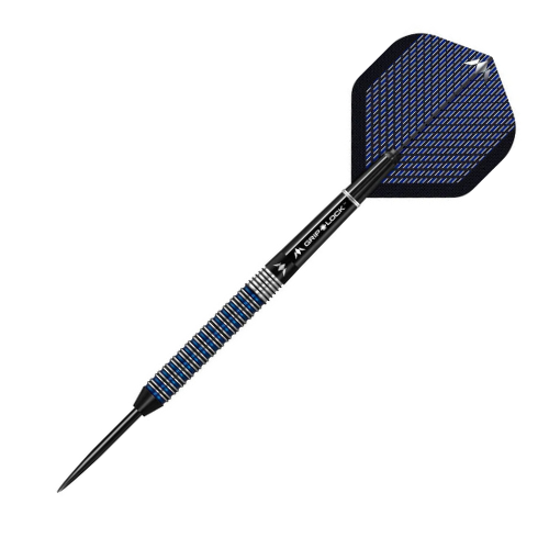 Single tungsten dart full view on white background featuring blue ringed grip, straight barrel, tapered nose, and patterned flight