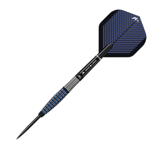 Steel tip tungsten dart full view on white background showing ringed grip barrel, central weight, and blue patterned flight