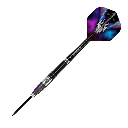 Single 90% tungsten dart full view on white background featuring torpedo barrel, grip texture, and cosmic purple lightning flight design