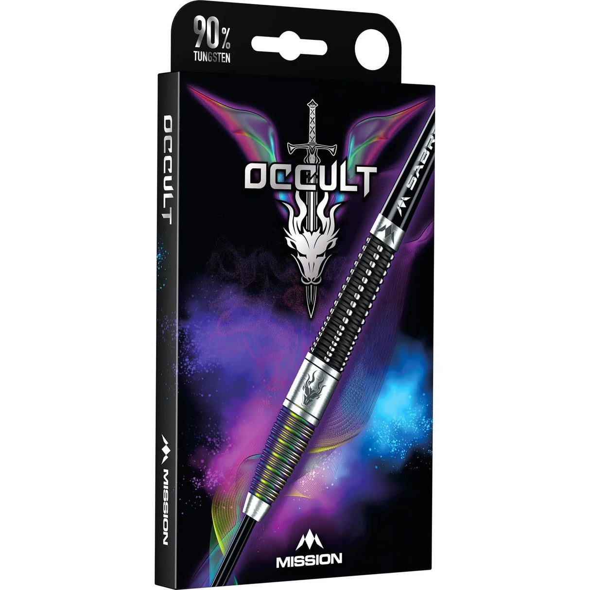 Angled packaging of 90% tungsten darts showing torpedo barrel grip detail and striking occult-themed design