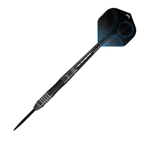 Angled view of a single 90% tungsten steel tip dart with precision grip, black barrel and geometric blue flight, isolated on white background