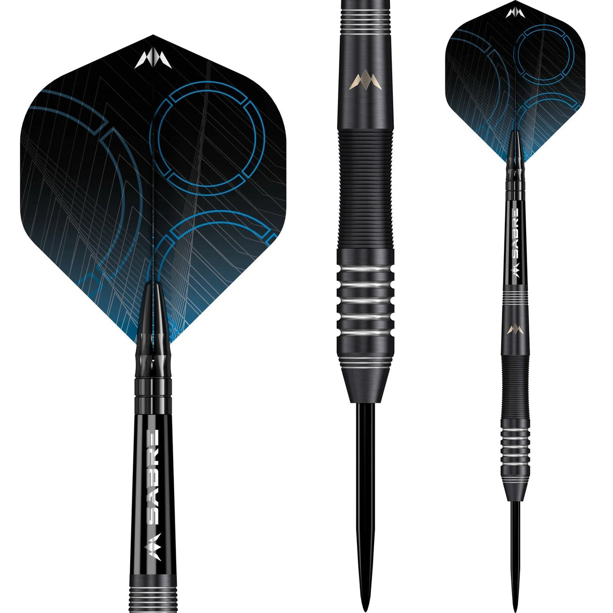 Steel tip tungsten darts with black grooved grip, precision barrel rings, and blue geometric flights isolated on white background