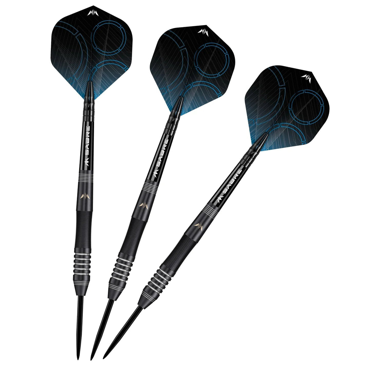 Three 90% tungsten steel tip darts with black grip barrels and blue flights, full product view on white background