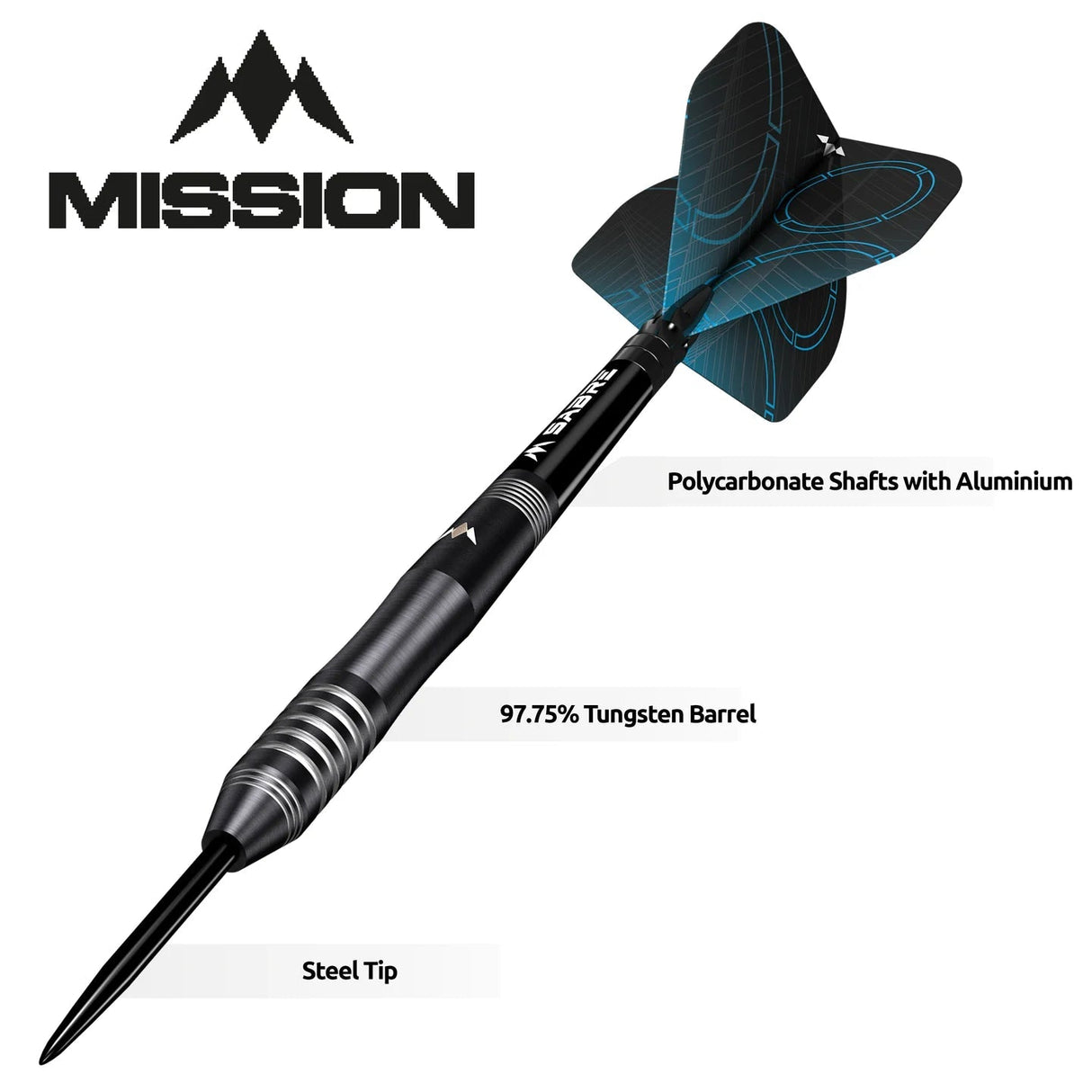 Angled dart close-up highlighting steel tip, 97.75% tungsten barrel, and polycarbonate shaft on white background