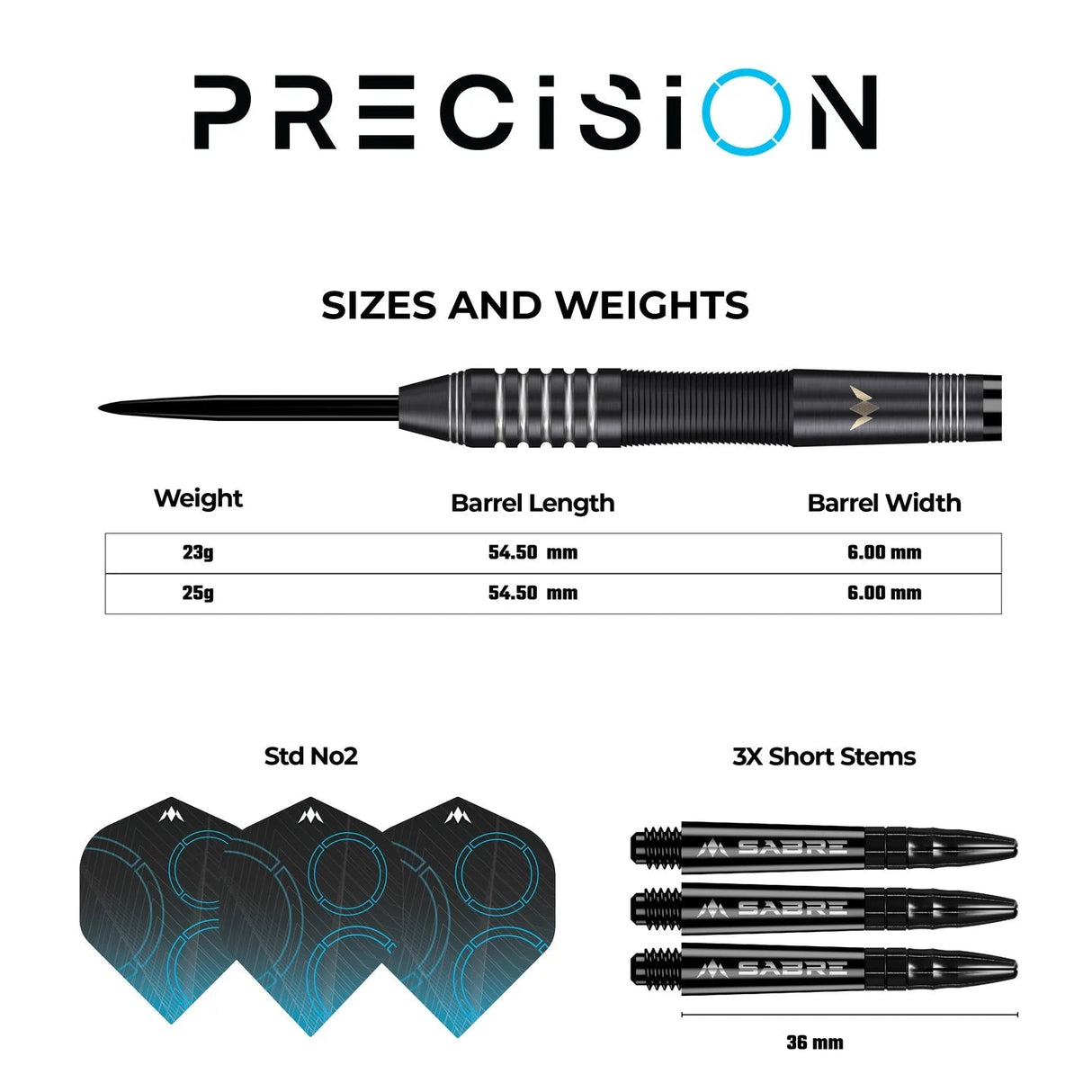 Steel tip tungsten darts with detailed barrel size chart, three black dart flights, and three short stems displayed on white background