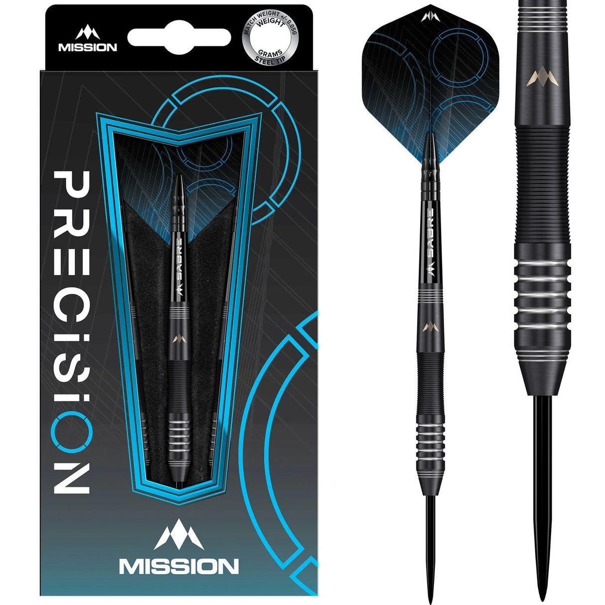 Steel tip tungsten dart in retail packaging with close-up on black grip barrel and precision flight design, ideal for professional dart players