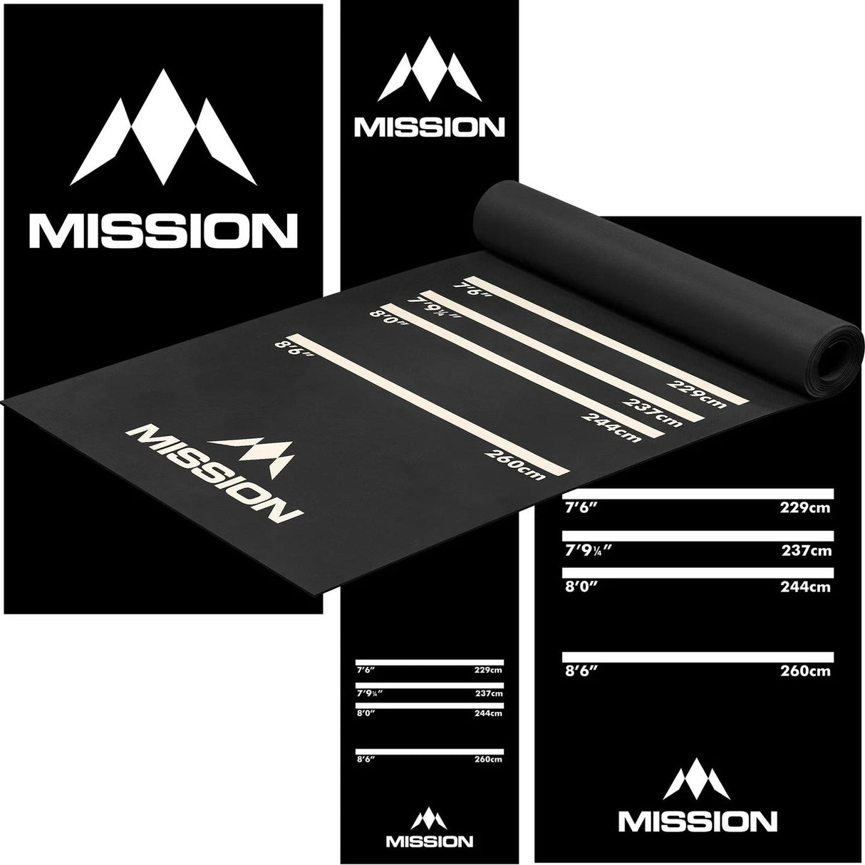 Heavy-duty black rubber darts mat with throw lines and measurements, unrolled for accurate oche distance setup