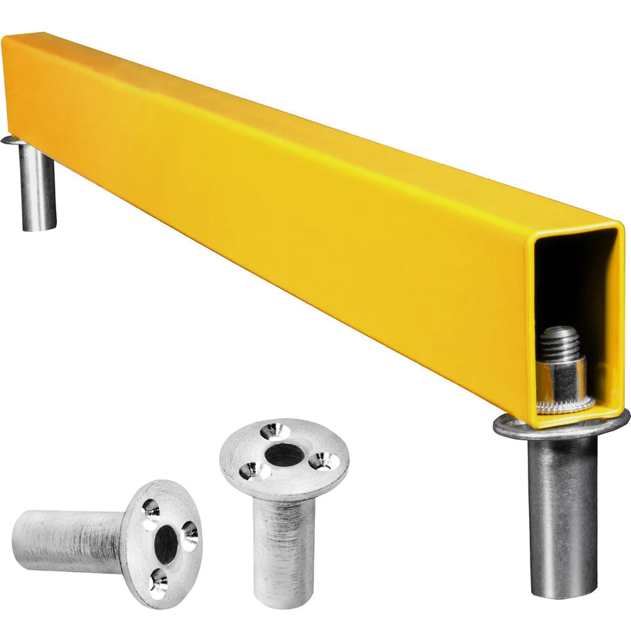 Angled view of retractable raised steel oche for darts with detachable floor fittings, isolated on white background
