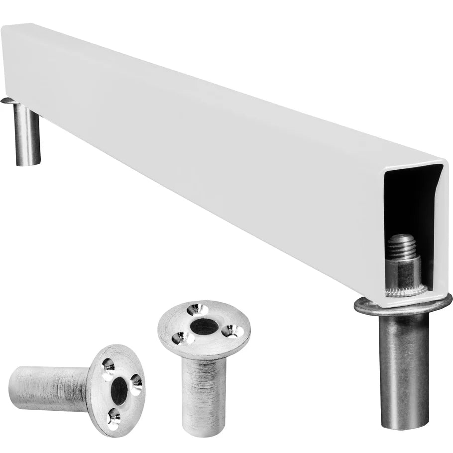 Angled view of retractable raised steel oche for darts with mounting floor fittings, highlighting install hardware and durable construction