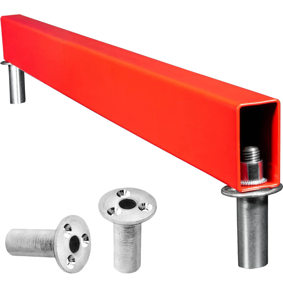 Angled view of retractable steel oche with two metal floor fittings for darts setup, isolated on white background